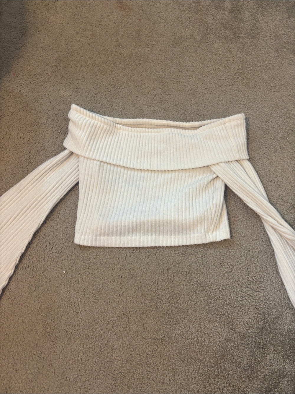 Off-Shoulder Ribbed Crop Sweater - Cream - Picture 2 of 2